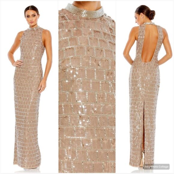 Mac Duggal Sequin High Neck Sleeveless Column Gown Dress 10907 Taupe 2 - Picture 1 of 13